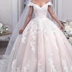 Ball Gown with Off the Shoulder Neckline and Tulle Fabric Enhanced by Appliques Lace
