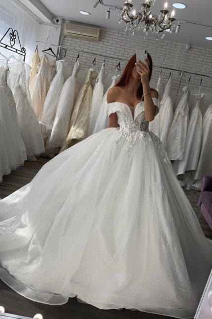Ball Gown with Sweetheart Neckline showcasing Off-The-Shoulder Satin Design