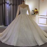 Ball Gown with V-Neckline Embellished with Sequins and Sleeves