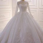 High Neck Ball Gown with Appliques Lace perfect for a Sophisticated Wedding Look