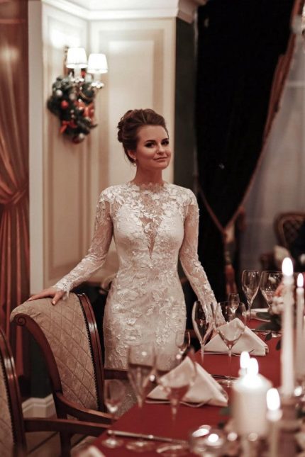 Mermaid Wedding Dress with High Neckline Backless Design and Lace Sleeves