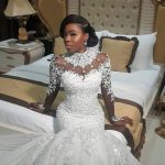 Mermaid Wedding Dress with High Neckline Beaded Lace Appliques and Sleeves