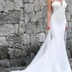 Mermaid Wedding Dress with Jewel Neckline combining Lace Tulle and Chiffon Fabrics