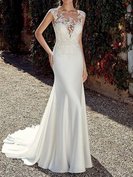Mermaid Wedding Dress with Jewel Neckline and Sweep Brush Train crafted from Chiffon for a Graceful Look