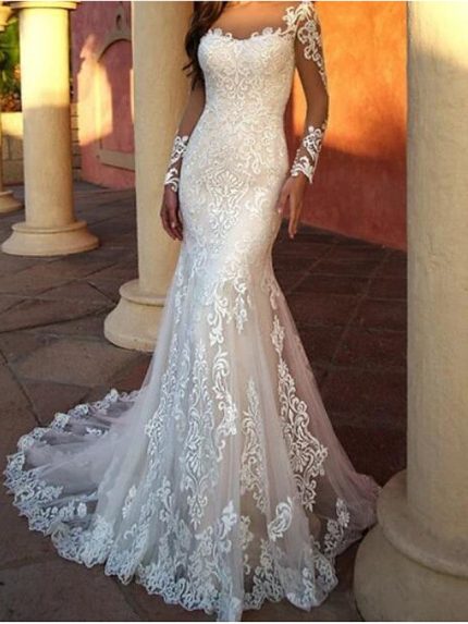 Elegant Jewel Neck Mermaid Lace Tulle Wedding Dress