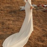 Satin Backless Off the Shoulder Mermaid Wedding Dress with Sleeves