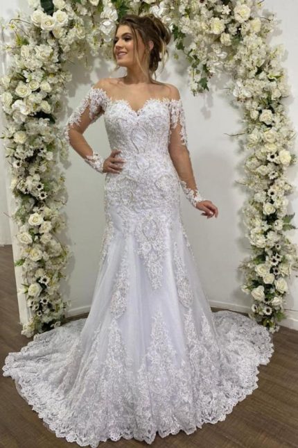 Tulle Lace Backless Off-the-Shoulder Wedding Dress with Sleeves