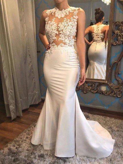 Satin Applique Lace Court Train Mermaid Wedding Dress