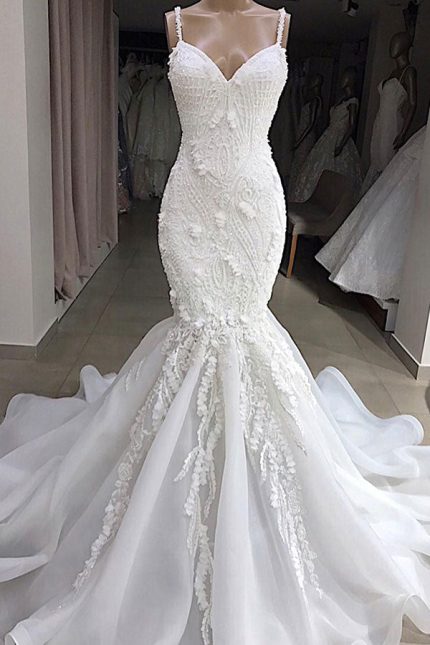 Spaghetti Strap Appliques Lace Mermaid Wedding Dress