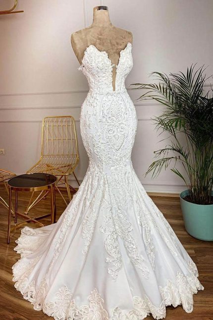 Strapless Appliques Lace Satin Mermaid Wedding Dress