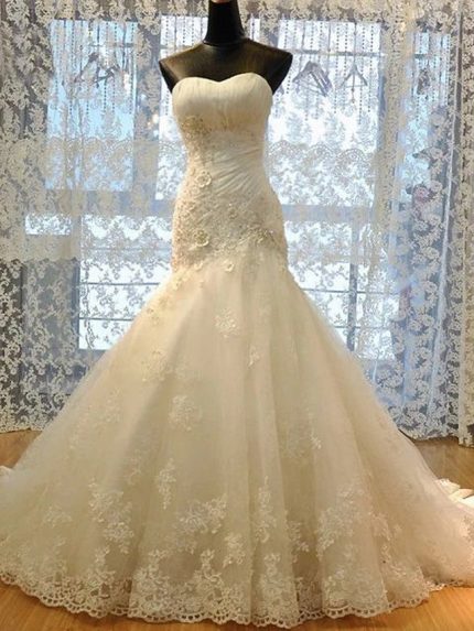 Strapless Court Train Lace Organza Mermaid Wedding Dresses