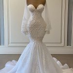 Strapless Pearls Beadings Lace Mermaid Wedding Dress with Sleeves