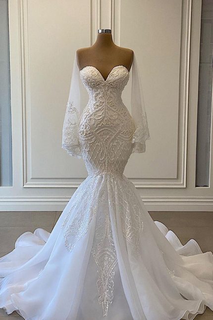 Strapless Pearls Beadings Lace Mermaid Wedding Dress with Sleeves