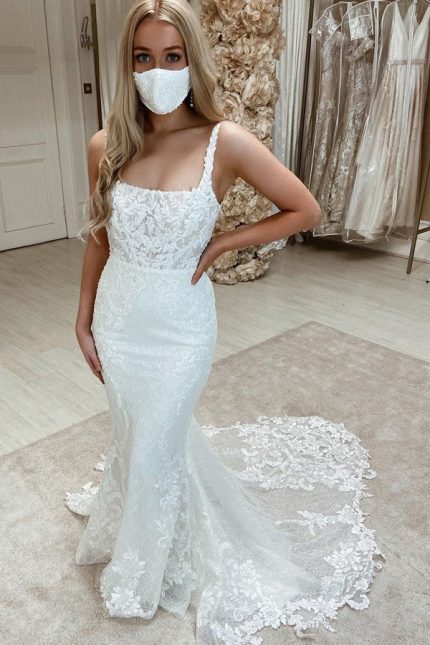 Tulle Sleeveless Backless Mermaid Wedding Dresses with Appliques Lace