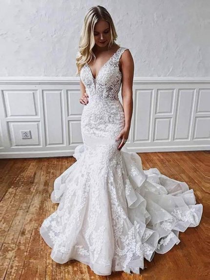 Elegant V-Neck Backless Lace Mermaid Bridal Gowns