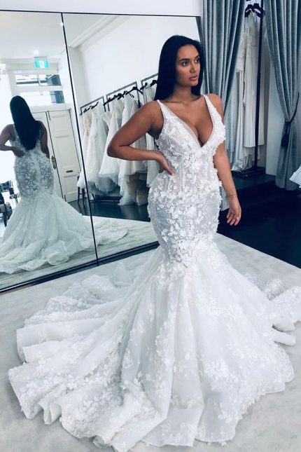 Floral Straps Backless V-Neck Mermaid Wedding Dress