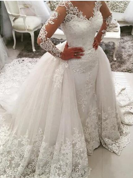 Sweep Brush Train Lace Tulle Wedding Gowns with Sleeves