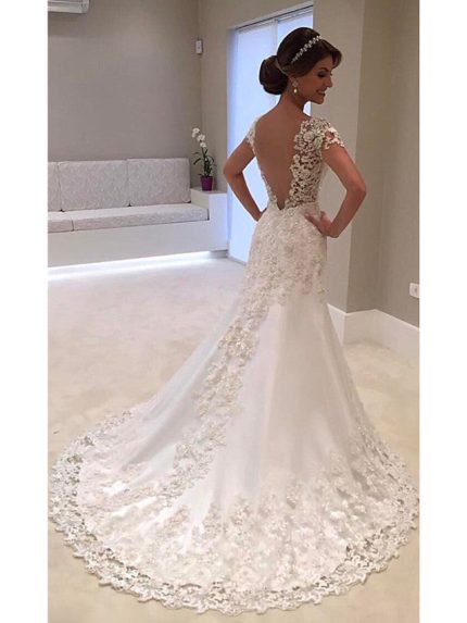 Cap Sleeves Backless V-Neck Tulle Lace Mermaid Bridal Dresses
