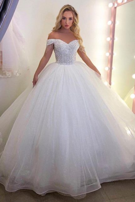 Ethereal Off-Shoulder Tulle Princess Wedding Gown