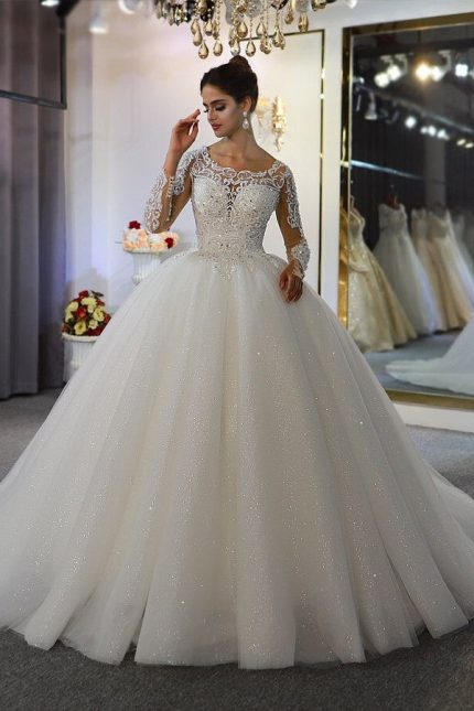 Bateau Neck Sequin Lace A-Line Bridal Dress