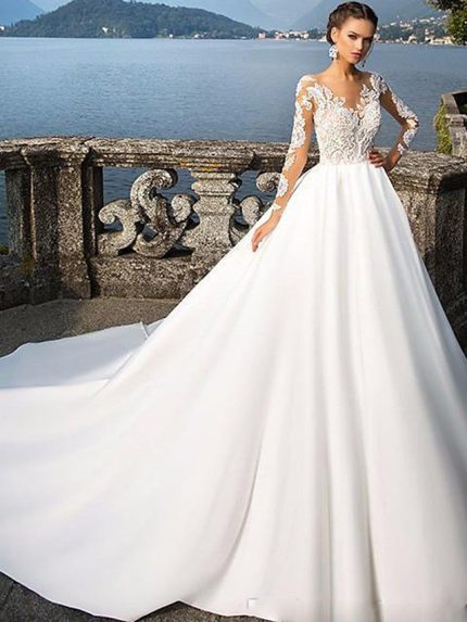 Jewel Neck Court Train Satin A-Line Bridal Dresses