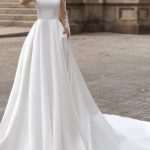 Jewel Neck Sweep Brush Train Satin Lace A-Line Wedding Gowns with Pockets