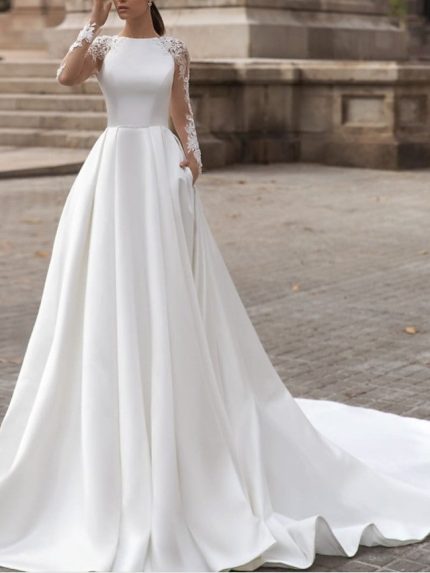 Jewel Neck Sweep Brush Train Satin Lace A-Line Wedding Gowns with Pockets