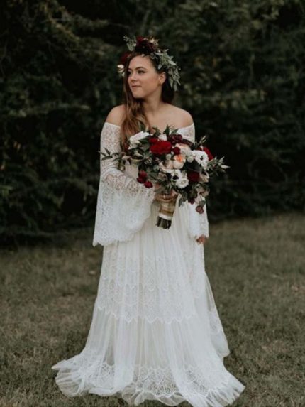 Floor-Length Boho Chic Lace Wedding Gowns with Long Sleeves