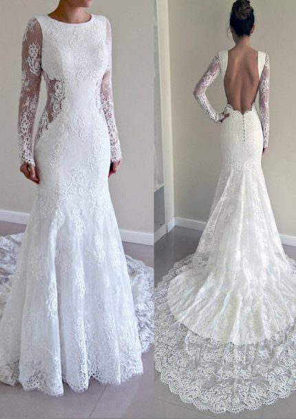 Open Back Chapel Mermaid Lace Bridal Gown with Long Sleeves