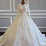 Satin Ball Gown Wedding Dresses with Lace Flowers and Long Sleeves