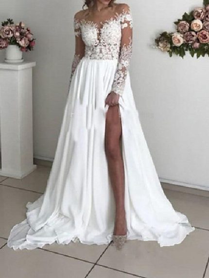 Chiffon Off-the-Shoulder A-Line Wedding Dresses with Slit and Long Sleeves