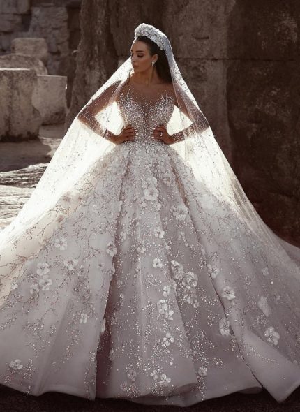 Sweetheart Beading Floral Lace Ball Gown Wedding Dresses Long Sleeves