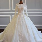 Ball Gown Wedding Dresses with Lace Flowers and Long Sleeves