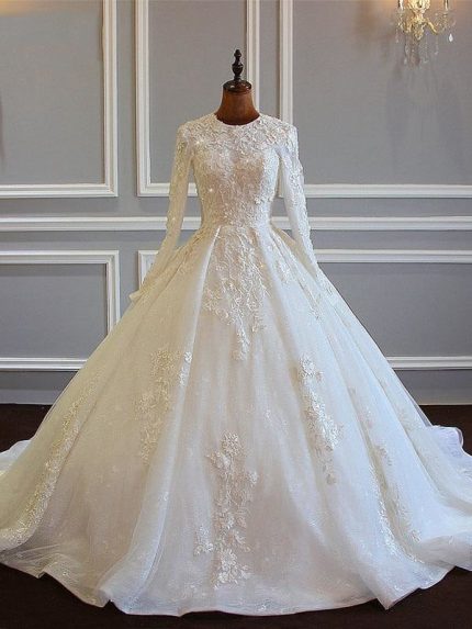 Ball Gown Wedding Dresses with Lace Flowers and Long Sleeves