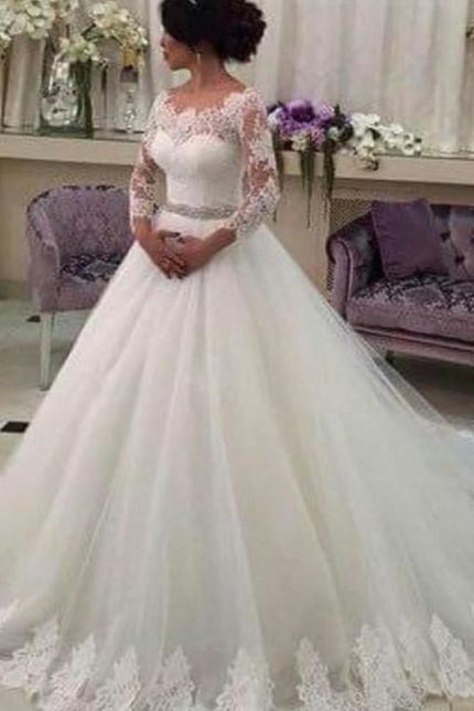 Customized Tulle Lace Ball Gown Wedding Dress Long Sleeves