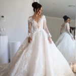 V-Neck Bridal Gown with Floral Lace and Long Sleeves