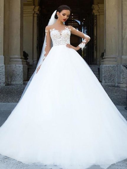 Tulle Ball Gown Wedding Dresses with Lace Details Long Sleeves