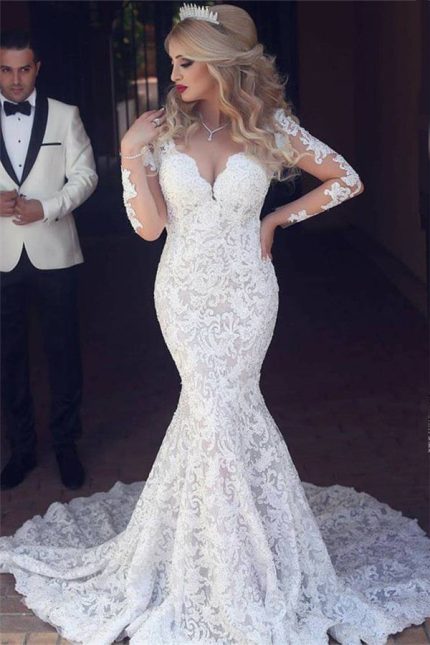 Mermaid Tulle Wedding Dress with Off-the-Shoulder Neckline and Lace Appliques Long Sleeves