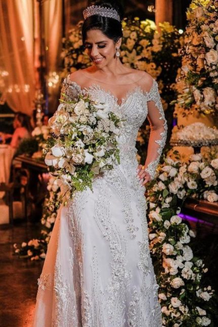 Satin One Shoulder Mermaid Wedding Dress with Appliques Lace and Long Sleeves