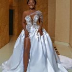 Lace Mermaid Wedding Dresses with V-Neck and Slit Long Sleeves