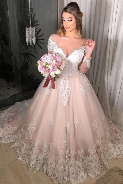 Lace Sheer Tulle Wedding Dresses with Open Back and Overskirt Long Sleeves