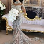 High Neck Appliques Lace Wedding Dresses with Detachable Overskirt Long Sleeves