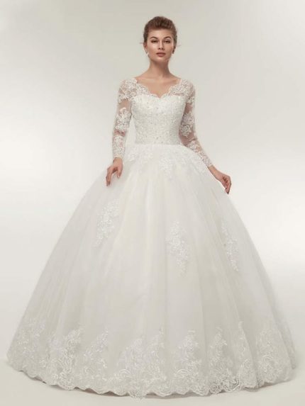 Sheer Back Mermaid Wedding Dress with V-Neckline Long Sleeves