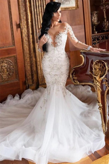 Ball Gown Lace Wedding Dresses with V-Neck Long Sleeves