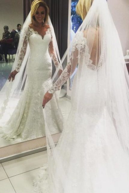Wedding Dress with Detachable Train and Short Lace Bridal Gown Long Sleeves