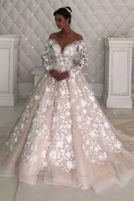 Off-the-Shoulder Sequins Ball Gown Wedding Dress Long Sleeves