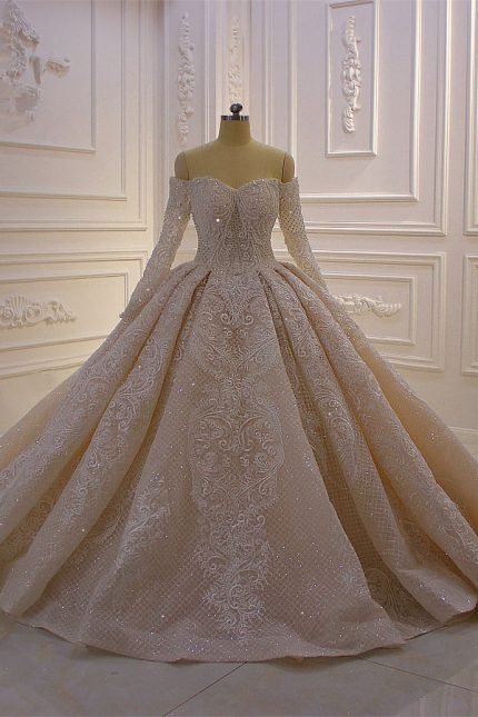 Loose Beach Garden Tulle White Wedding Dress Long Sleeves
