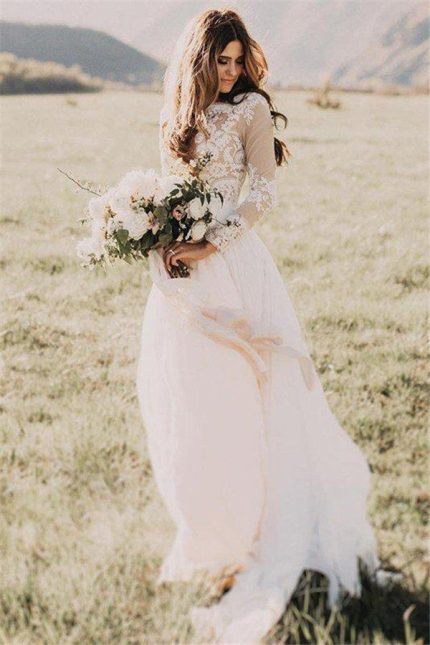 Floor Length A-Line Scoop Wedding Dresses with Applique Tulle Long Sleeves
