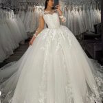 White Garden A-Line Spring Bridal Gown with Lace Appliques Long Sleeves