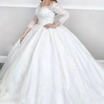 Puffy Ball Gown Court Train White Wedding Dresses with Square Neck Long Sleeves